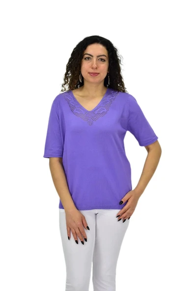 Kadın Yarım Kol V Yaka Yaka Sırt Detaylı Triko Tişöt 12837 BGL-ST04658 ürün görseli