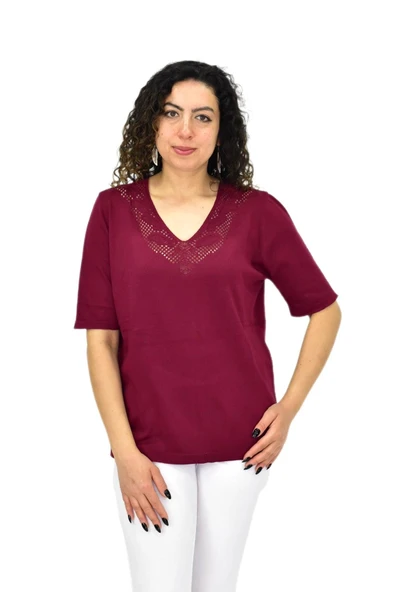 Kadın Yarım Kol V Yaka Yaka Sırt Detaylı Triko Tişöt 12837 BGL-ST04658 - Resim 2