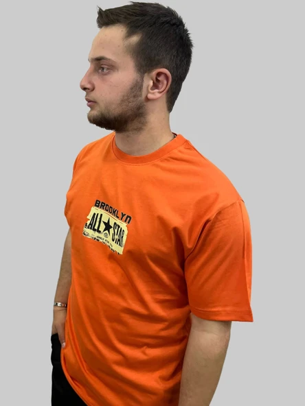 Erkek Brooklyn Yuvarlak Yaka Arka Baskılı Oversize Turuncu Tişört - 2