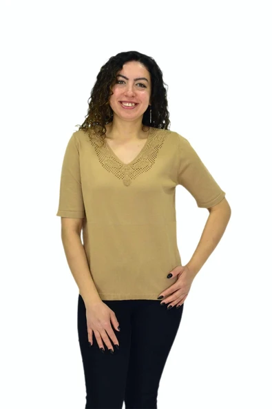 Kadın Yarım Kol V Yaka Yaka Sırt Detaylı Triko Tişöt 12835 BGL-ST04657 - 2