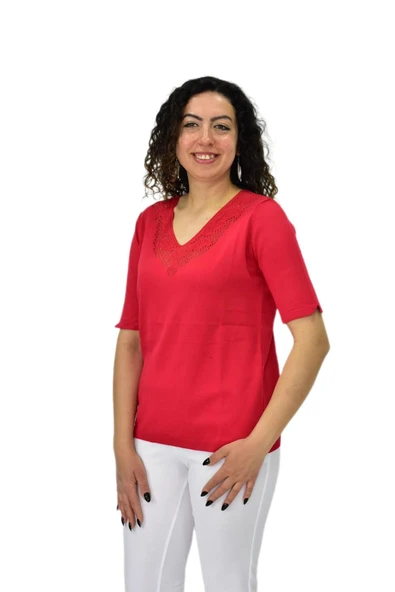 Kadın Yarım Kol V Yaka Yaka Sırt Detaylı Triko Tişöt 12835 BGL-ST04657 - 11