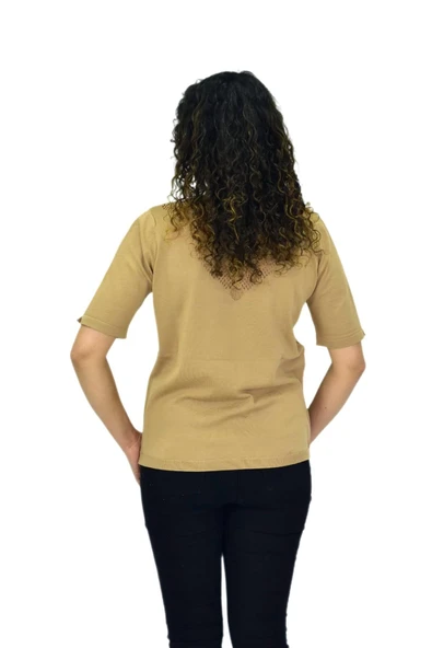 Kadın Yarım Kol V Yaka Yaka Sırt Detaylı Triko Tişöt 12835 BGL-ST04657 - 5