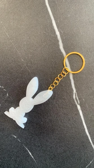 Tavşan Şekilli Sedefli Beyaz Renkli Gold Aksesuarlı Epoksi Anahtarlık El Yapımı Hediyelik - 4