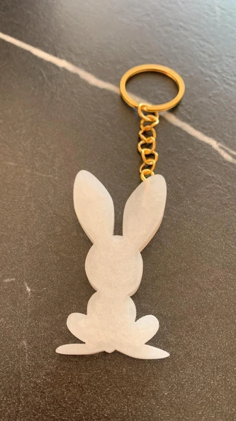 Tavşan Şekilli Sedefli Beyaz Renkli Gold Aksesuarlı Epoksi Anahtarlık El Yapımı Hediyelik - 2