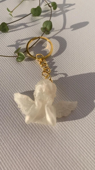 Kanatlı Melek Şekilli Sedefli Beyaz Renkli Gold Aksesuarlı Epoksi Anahtarlık El Yapımı Hediyelik - 5