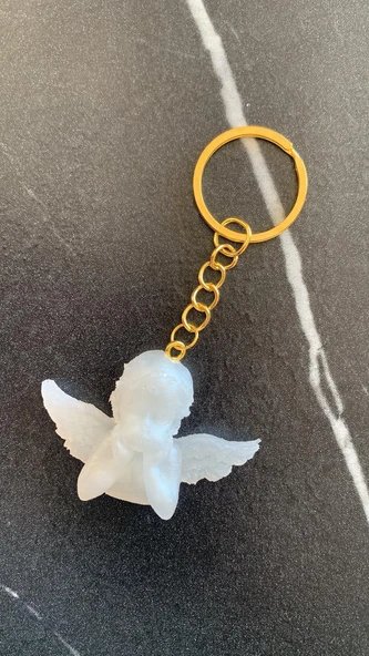 Kanatlı Melek Şekilli Sedefli Beyaz Renkli Gold Aksesuarlı Epoksi Anahtarlık El Yapımı Hediyelik - 4