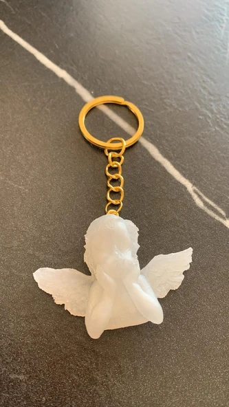 Kanatlı Melek Şekilli Sedefli Beyaz Renkli Gold Aksesuarlı Epoksi Anahtarlık El Yapımı Hediyelik - 6