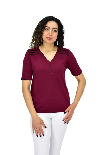 Kadın Yarım Kol V Yaka Taşlı Triko Tişöt 12857 BGL-ST04656 - Resim 2