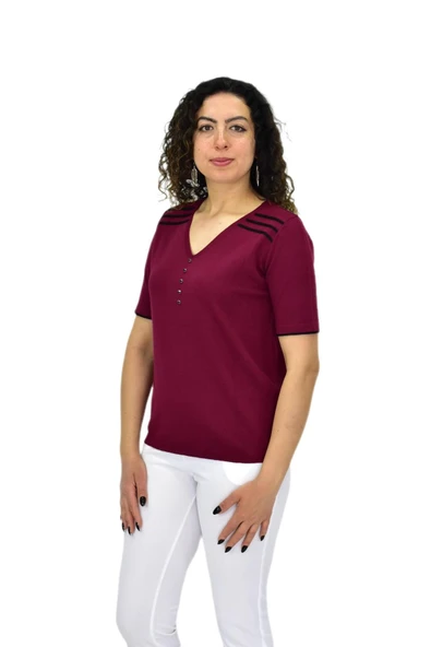 Kadın Yarım Kol V Yaka Taşlı Triko Tişöt 12857 BGL-ST04656 - Resim 3