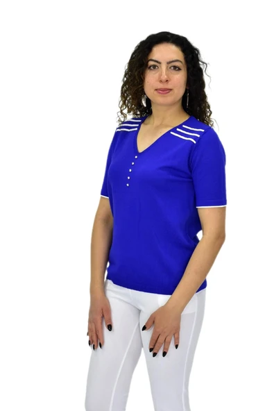 Kadın Yarım Kol V Yaka Taşlı Triko Tişöt 12857 BGL-ST04656 - Resim 7