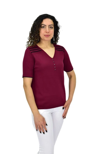 Kadın Yarım Kol V Yaka Taşlı Triko Tişöt 12857 BGL-ST04656 - Resim 4