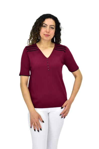 Kadın Yarım Kol V Yaka Taşlı Triko Tişöt 12857 BGL-ST04656 ürün görseli