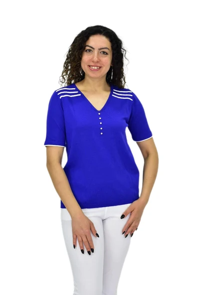 Kadın Yarım Kol V Yaka Taşlı Triko Tişöt 12857 BGL-ST04656 - Resim 6