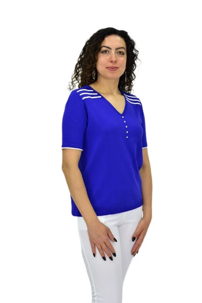 Kadın Yarım Kol V Yaka Taşlı Triko Tişöt 12857 BGL-ST04656 - Resim 8