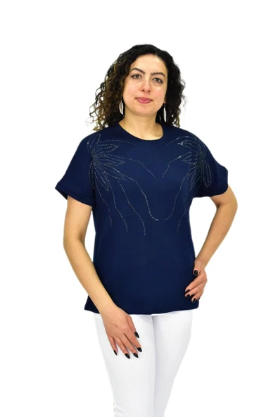 Kadın Yarım Kol Sıfıryaka Taşlı Likralı Tişöt  BGL-ST04655 - Resim 8