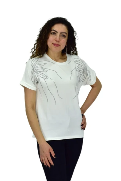 Kadın Yarım Kol Sıfıryaka Taşlı Likralı Tişöt  BGL-ST04655 - Resim 4