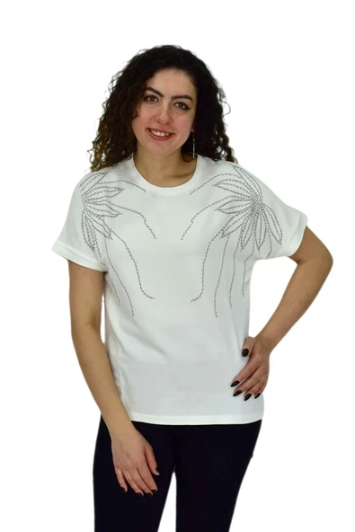 Kadın Yarım Kol Sıfıryaka Taşlı Likralı Tişöt  BGL-ST04655 - Resim 2