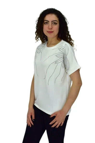 Kadın Yarım Kol Sıfıryaka Taşlı Likralı Tişöt  BGL-ST04655 - Resim 3