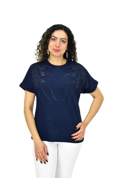 Kadın Yarım Kol Sıfıryaka Taşlı Likralı Tişöt  BGL-ST04655 - Resim 6