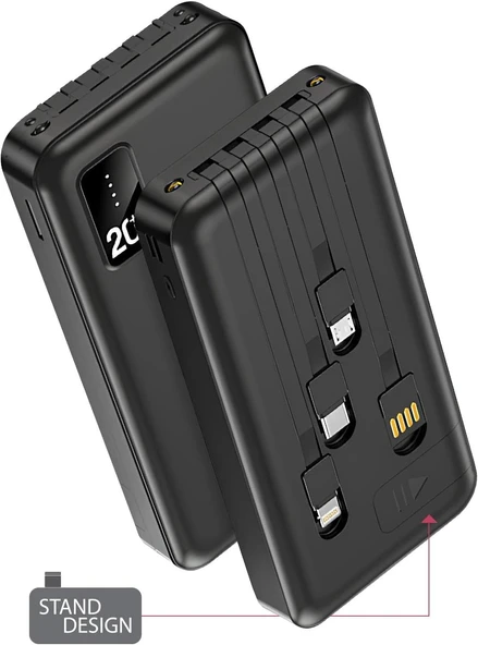 20.000 Mah Kablolu Dijital Göstergeli 20.000 Mah Garantili Dahili Stand TX209 Siyah Powerbank - Resim 2