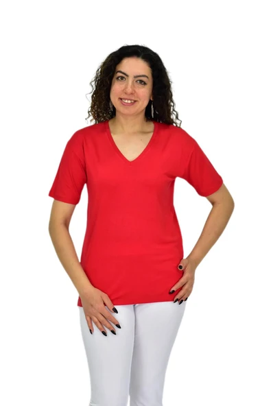 Kadın Yarım Kol V Yaka Likralı Tişöt  BGL-ST04651 - Resim 5