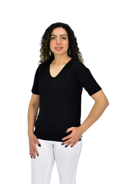 Kadın Yarım Kol V Yaka Likralı Tişöt  BGL-ST04651 - Resim 10