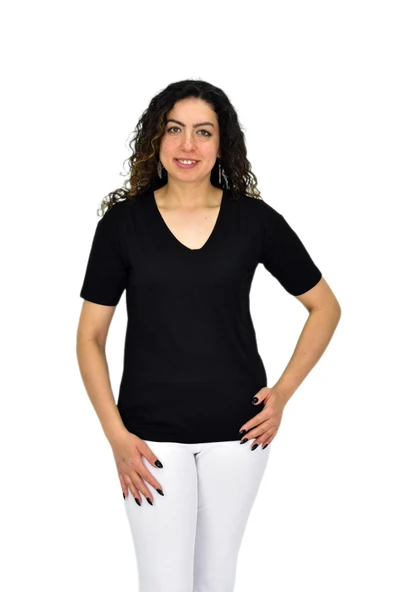 Kadın Yarım Kol V Yaka Likralı Tişöt  BGL-ST04651 - Resim 3