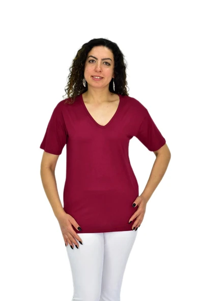 Kadın Yarım Kol V Yaka Likralı Tişöt  BGL-ST04651 ürün görseli