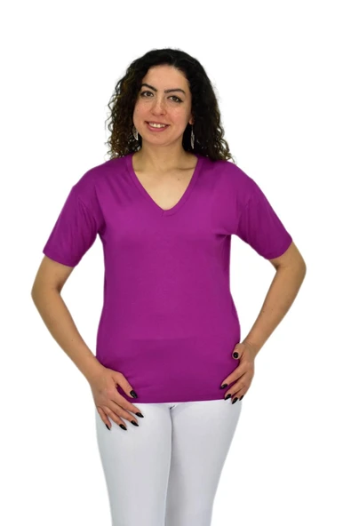 Kadın Yarım Kol V Yaka Likralı Tişöt  BGL-ST04651 - Resim 6