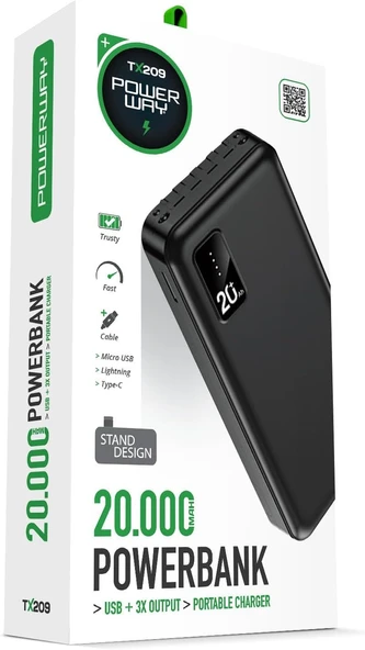 20.000 Mah Kablolu Dijital Göstergeli 20.000 Mah Garantili Dahili Stand TX209 Siyah Powerbank - Resim 3