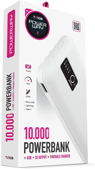 Powerway 10.000 Mah Kablolu Dijital Göstergeli Gerçek 10.000 Mah Garantili Ince Tasarım Tx108 Beyaz Powerbank - Resim 3