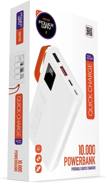Powerway 10.000 Mah Pd 22.5W Dahili Kablolu Hızlı Şarj Gerçek 10.000 Mah QC10 Beyaz Powerbank - Resim 3