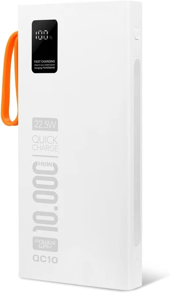 Powerway 10.000 Mah Pd 22.5W Dahili Kablolu Hızlı Şarj Gerçek 10.000 Mah QC10 Beyaz Powerbank
