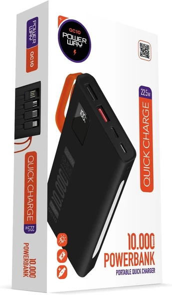 Powerway 10.000 Mah Pd 22.5W Dahili Kablolu Hızlı Şarj Gerçek 10.000 Mah QC10 Siyah Powerbank - Resim 3