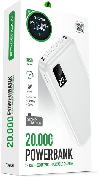 20.000 Mah Kablolu Dijital Göstergeli 20.000 Mah Garantili Dahili Stand TX209 Beyaz Powerbank - Resim 3