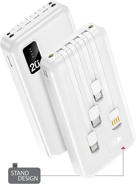 20.000 Mah Kablolu Dijital Göstergeli 20.000 Mah Garantili Dahili Stand TX209 Beyaz Powerbank ürün görseli