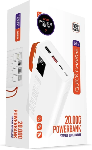 PowerWay PD 22.5W 20.000 MAH 3.0 HIZLI ŞARJ GERÇEK 20.000 MAH GARANTİLİ QC20 BEYAZ POWERBANK - Resim 3