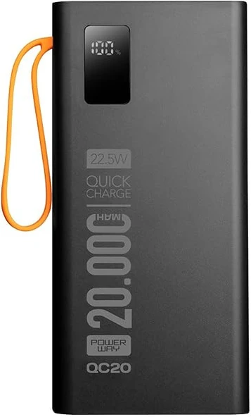 20.000 Mah Pd 22.5W Kablolu 3.0 Hızlı Şarj Gerçek 20.000 Mah Garantili Işıklı QC20 Siyah Powerbank