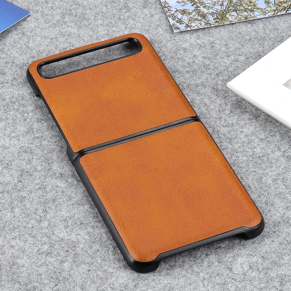 Galaxy Z Flip Deri Kılıf - İki Renk - Kahverengi - 4