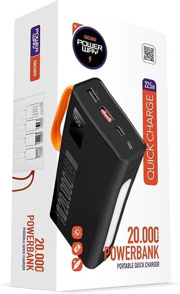 20.000 Mah Pd 22.5W Kablolu 3.0 Hızlı Şarj Gerçek 20.000 Mah Garantili Işıklı QC20 Siyah Powerbank - 3