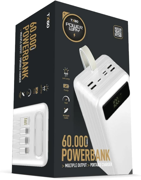 TX60 Beyaz Çoklu Çıkış Dijital Göstergeli Ekstra Kablolu 60.000 mAh (Gerçek 60.000 mAh Garantili) Powerbank - 4