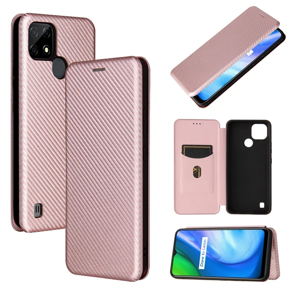 Realme C21 TPU PC PU Deri Kılıf - Pembe - Kart Yuvalı - Karbon Fiber Doku