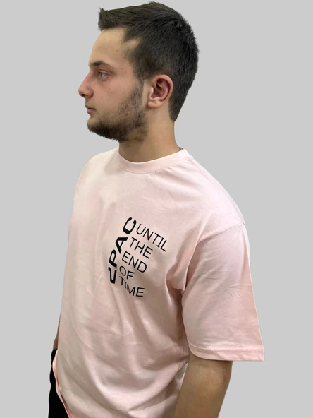 Erkek Until Yuvarlak Yaka Oversize Arka Baskılı Pudra Tişört - 2