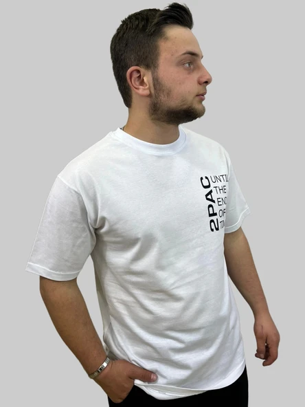 Erkek Until Yuvarlak Yaka Oversize Arka Baskılı Beyaz Tişört - 5
