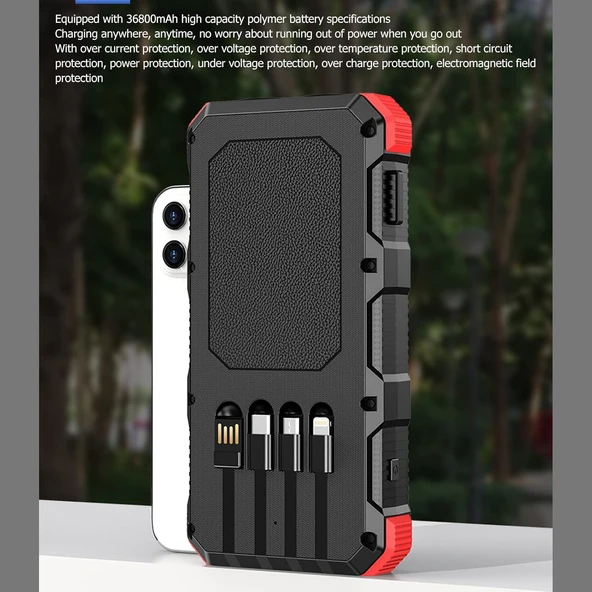 Shanrya Solar Powerbank şarj cihazı, 5 V, 3 A, 3 USB, 36800 mAh, dış mekan için solar şarj cihazı (kırmızı) - 2