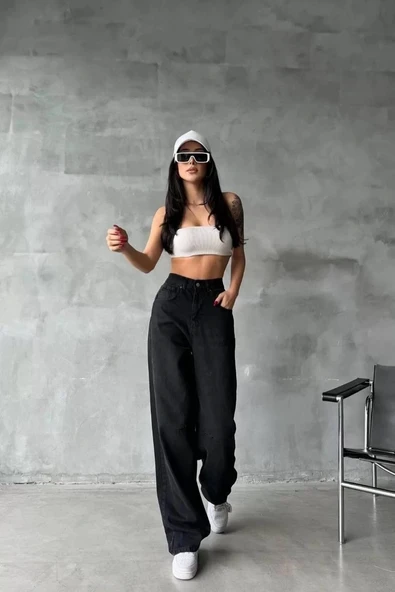 Arkadan tokalı jeans pantolon Siyah - 3