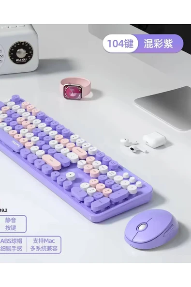 Plenfitul Mofii Sweet Serisi Renkli Kablosuz Klavye Mouse Set Türkçe Mor - 2