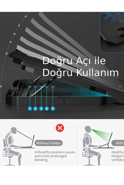 İki Fanlı Işıklı Telefon Standlı 15"-17" Pro Standlı Notebook Soğutucu - 3