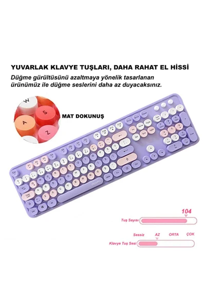Plenfitul Mofii Sweet Serisi Renkli Kablosuz Klavye Mouse Set Türkçe Mor - 4