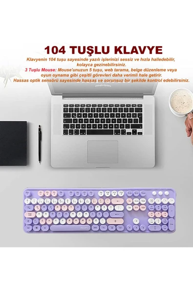 Plenfitul Mofii Sweet Serisi Renkli Kablosuz Klavye Mouse Set Türkçe Mor - 5